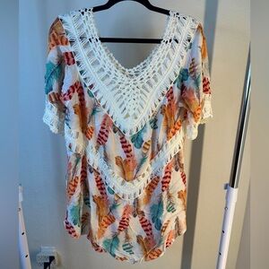 Colorful Feather Print Crochet Beach Cover Up Dress